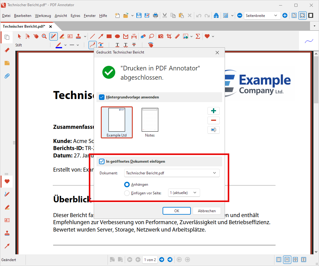 In geöffnetes Dokument einfügen