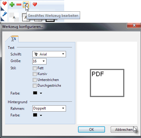 Ändern der Werkzeug-Eigenschaften aus der Toolbox