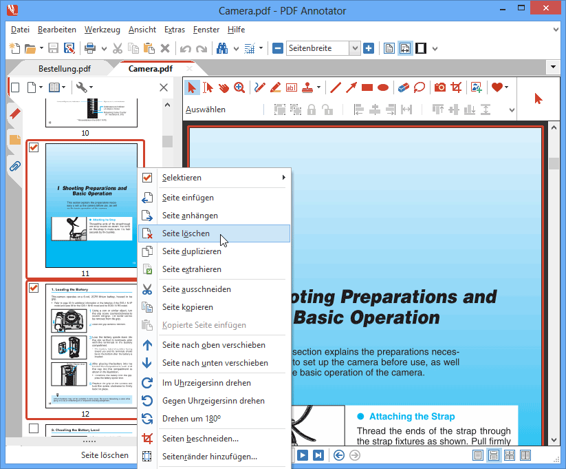 Seiten löschen: Löschen Sie Seiten, um diese permanent aus Ihrem Dokument zu entfernen. Entfernen Sie einzelne Seiten oder ganze Seitenbereiche.