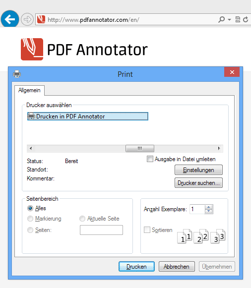 Drucken in PDF Annotator: Erstellen Sie aus beliebigen Anwendungen heraus PDF-Dokumente, indem Sie auf den virtuellen Drucker "Drucken in PDF Annotator" drucken.
