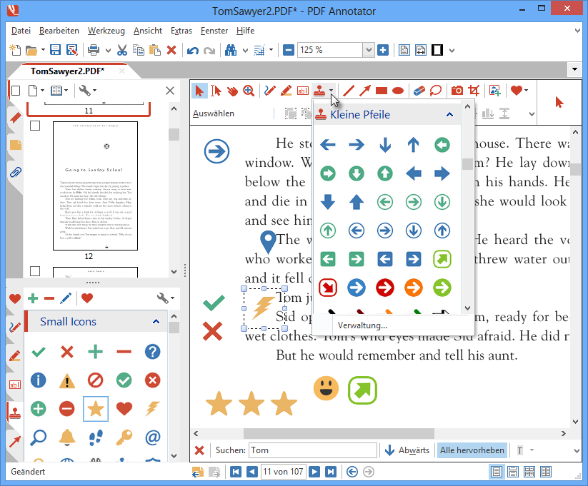 Symbol-Stempel: Bedienen Sie sich an einer breiten Auswahl moderner Symbole: PDF Annotator bringt über 330 vordefinierte Stempel mit.