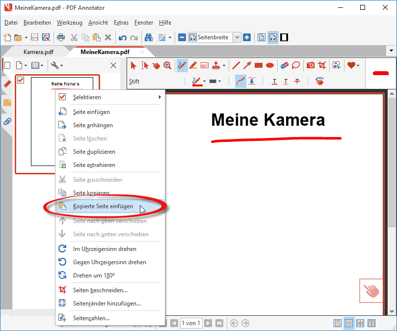 Kopierte Seite in anderes PDF-Dokument einfügen