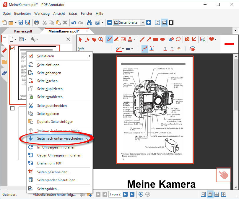 Seite im Zieldokument nach unten verschieben