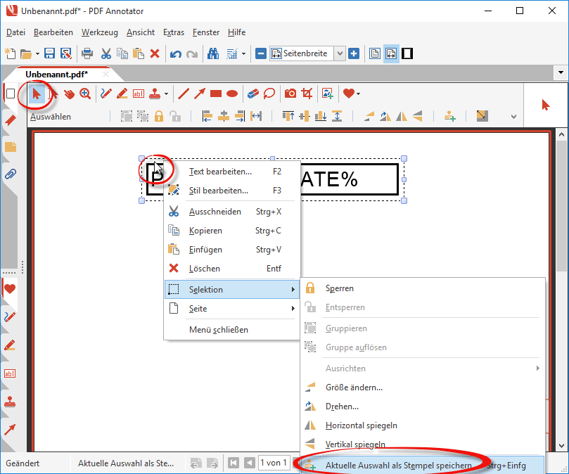 Aktuelle Auswahl als Stempel speichern