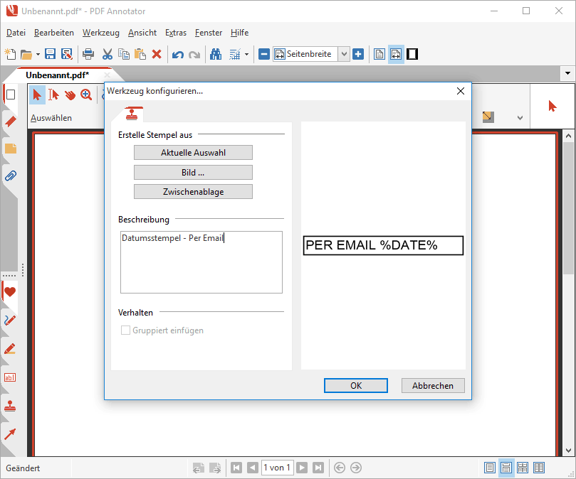 Hinzufügen einer Beschreibung zum neuen Stempel