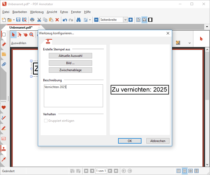 Hinzufügen einer Beschreibung zum neuen Stempel