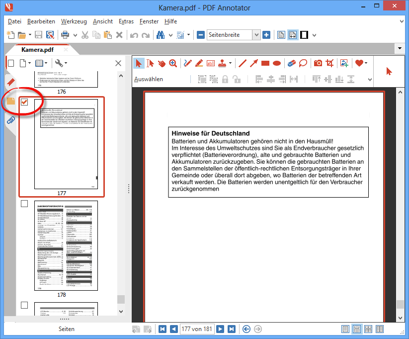 Erste zu löschende Seite selektieren