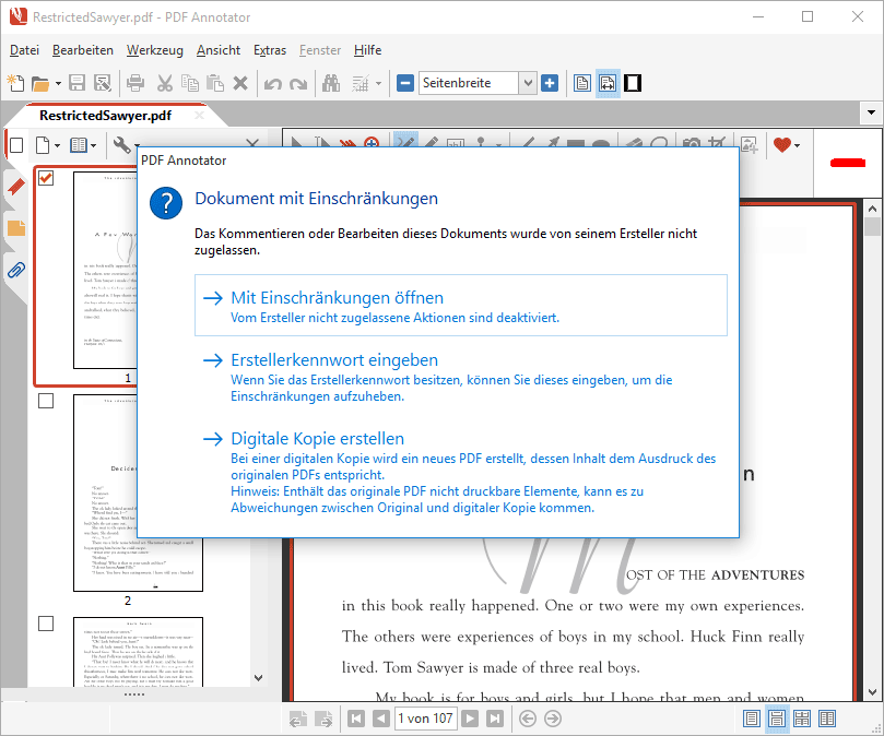 Öffnen eines eingeschränkten, passwortgeschützten PDFs