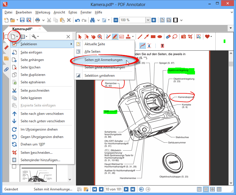 Selektieren, Seiten mit Anmerkungen