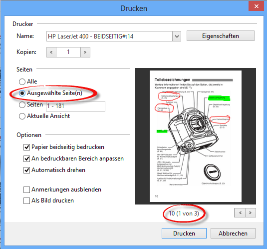 Ausgewählte Seiten drucken