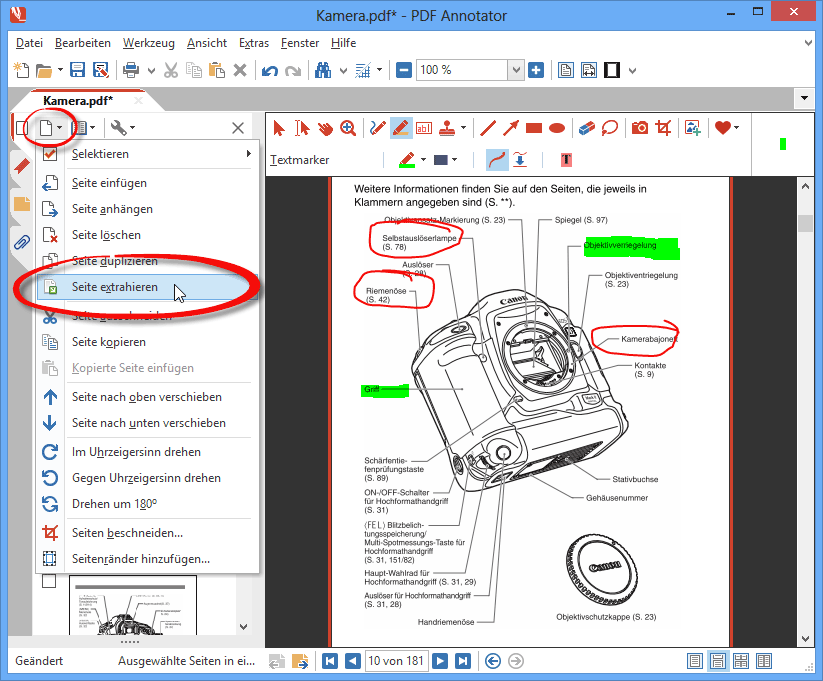 Extrahierte Seiten mit Anmerkungen