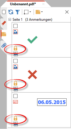 Gesperrt- und Gruppiert-Status in der Anmerkungen-Seitenleiste