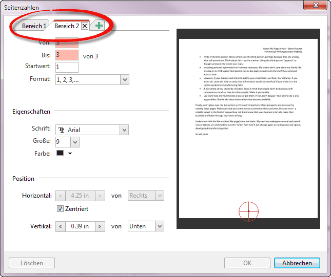Seitenzahlen mit Seitenbereichen