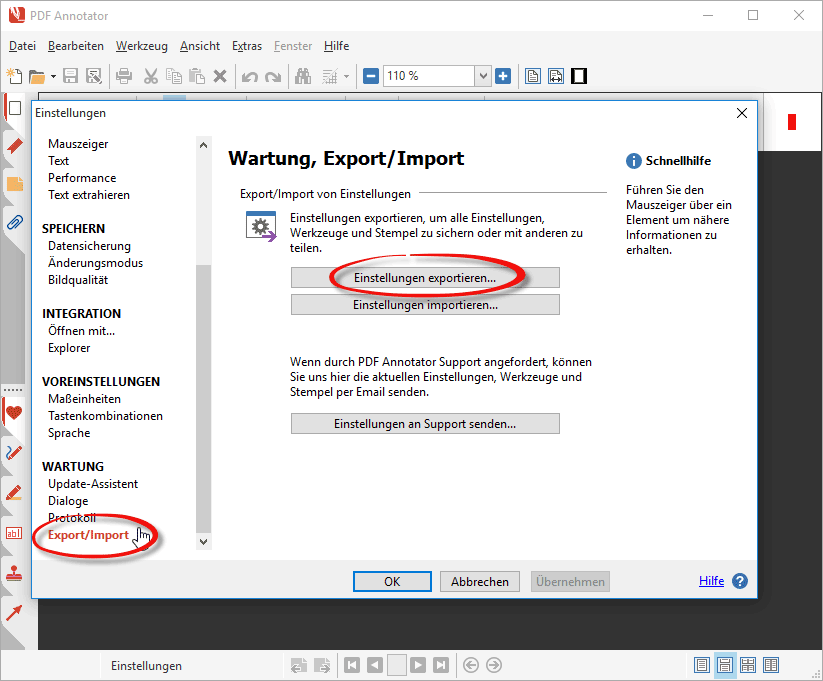 PDF Annotator Einstellungen exportieren