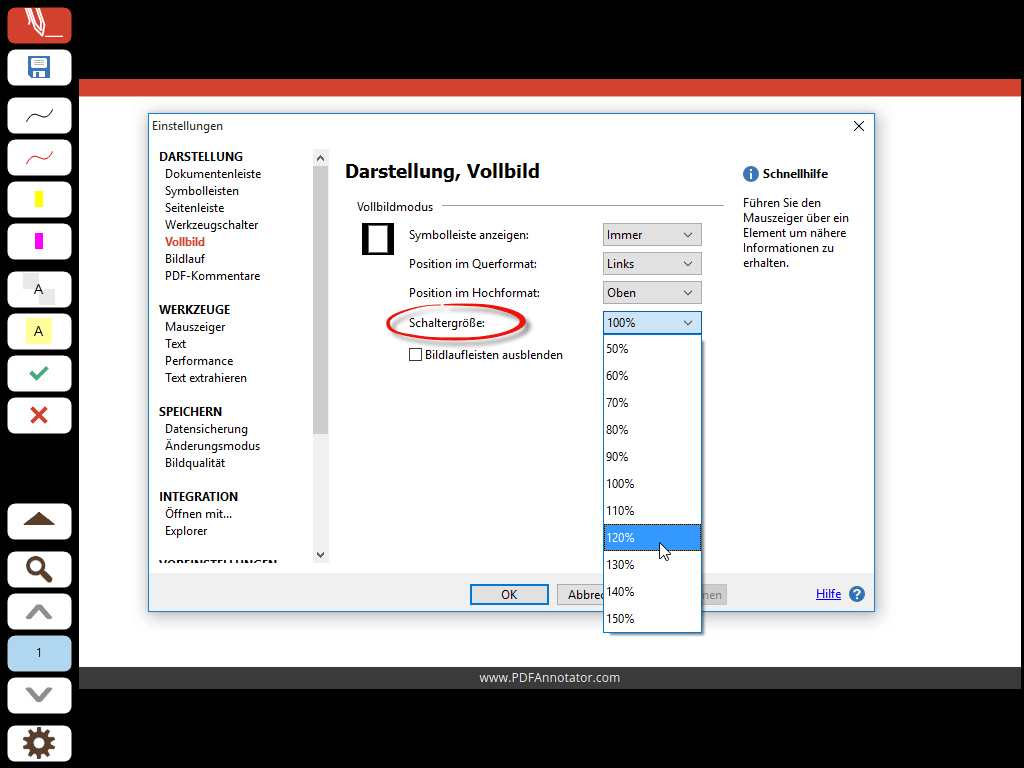 Schaltergröße im Vollbildmodus