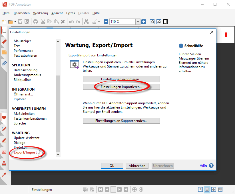 PDF Annotator Einstellungen importieren