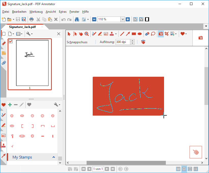 Unterschrift mit Schnappschuss-Werkzeug selektieren
