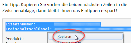 Lizenzdaten in die Zwischenablage kopieren