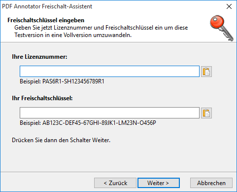 Lizenznummer und Freischaltschlüssel eingeben