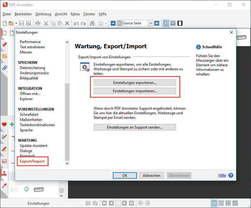 Einstellungen exportieren/importieren