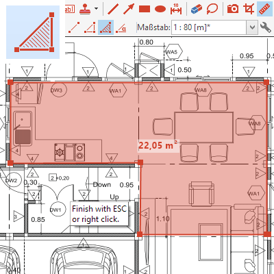 Flächen messen: Messen Sie Flächen in PDF-Plänen und technischen Zeichnungen Verwenden Sie die Meßfunktionen zum Abnehmen von Maßen, während die Bemaßungs-Funktionen Bemaßungen erzeugen, die permanent im PDF verbleiben.