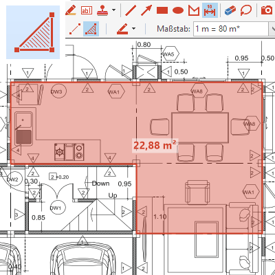 Flächen bemaßen: Bemaßen Sie Flächen in PDF-Plänen und technischen Zeichnungen Die bemaßten Flächen werden semitransparent gekennzeichnet. Das Flächenmaß wird mittig platziert. Die Sonderfunktionen 