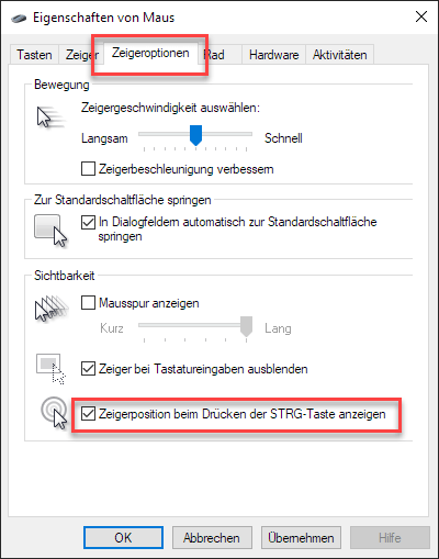 Eigenschaften von Maus: Zeigeroptionen
