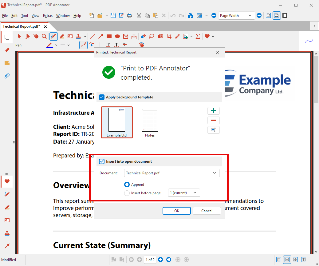 Insert into open document