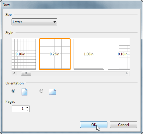 Select size, style, orientation and page count for the new PDF file