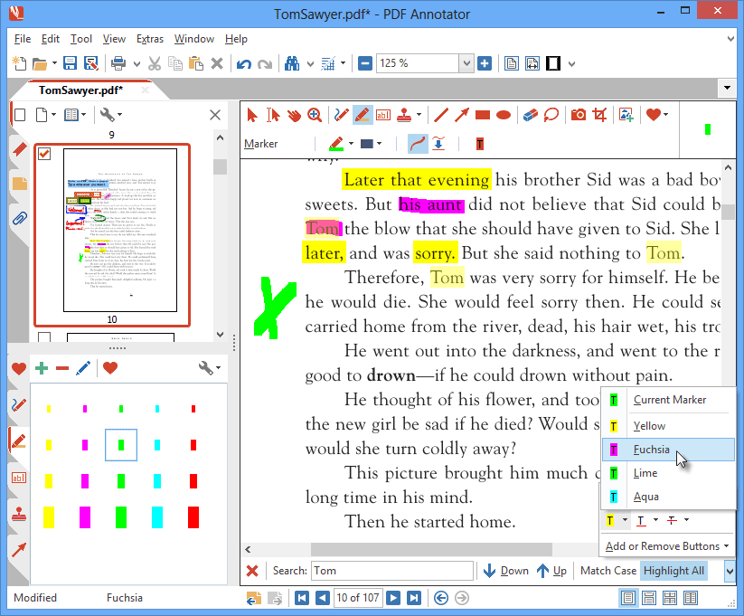 Highlight Content with the Text Marker: Use the highlighter to make important passages stand out. Select between an unlimited number of colors and line widths. Search for text in your PDF and highlight all search hits with one click.