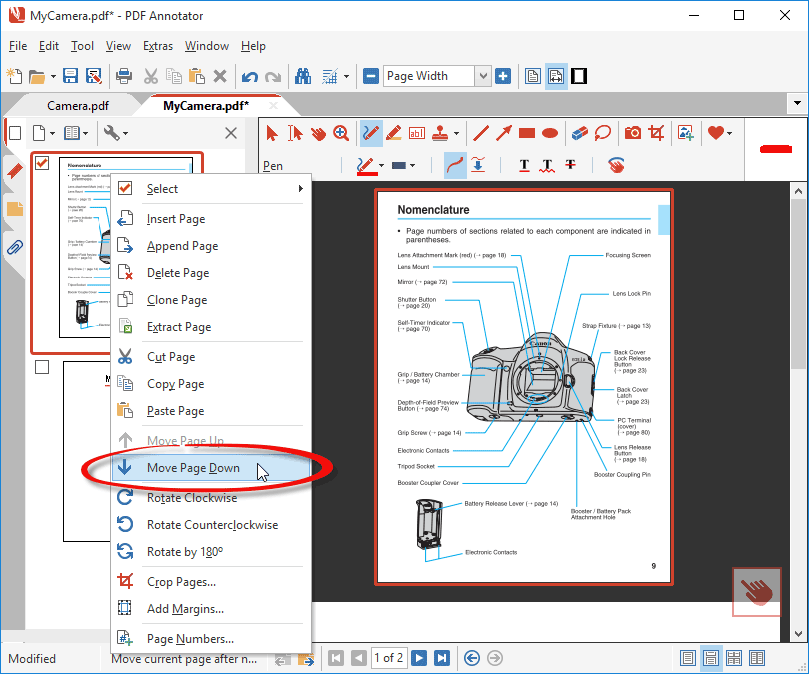 Move PDF page down in destination document