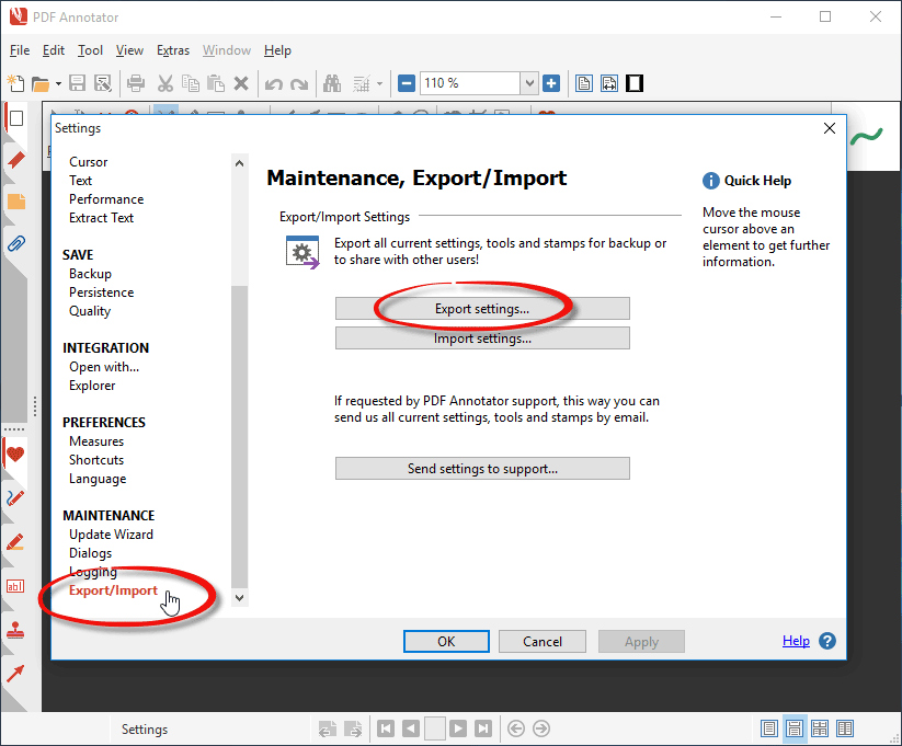 PDF Annotator Export Settings