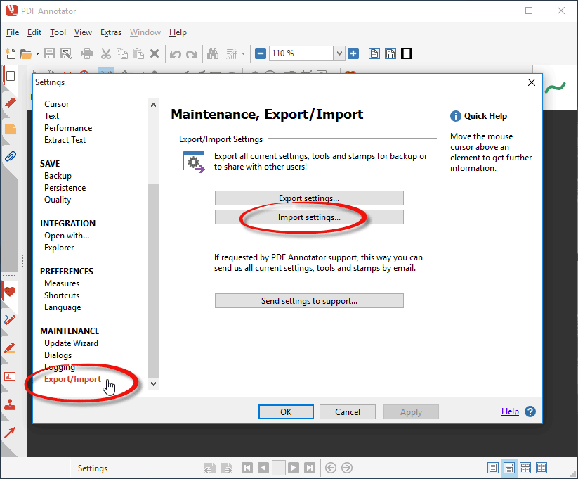 PDF Annotator Import Settings