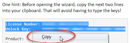 Copy license information into clipboard