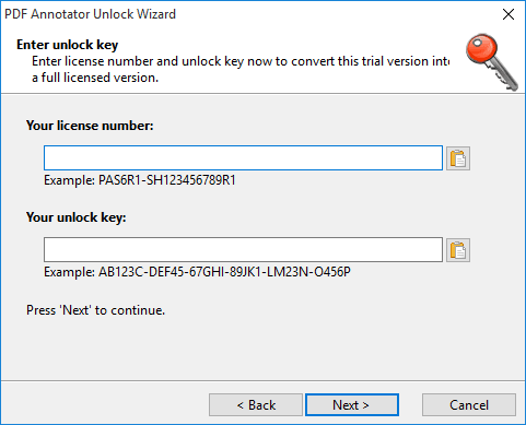 Enter license number and unlock key