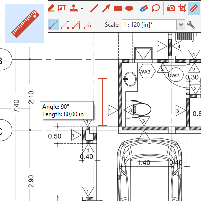 Measure Distances or Areas: Measure distance, angle, perimeter and area in PDF plans or technical drawings. Select a scale to automatically convert and output measured dimensions in correct units. Choose from a list of predefined scales or define your own. Pick up the scale from a known dimension in a document.