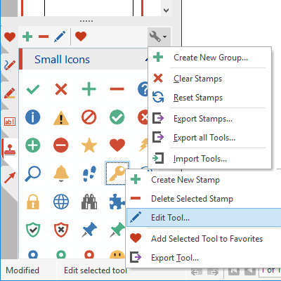 Menus de la boîte à outils