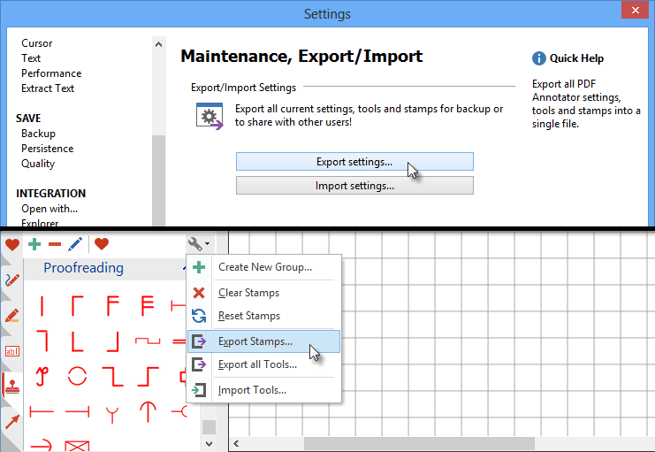 Partager & déployer des tampons et des paramètres: Exportez facilement tous vos tampons, ou même tous vos paramètres PDF Annotator afin de les enregistrer, déplacer vers d'autres ordinateurs ou partager avec des collègues.