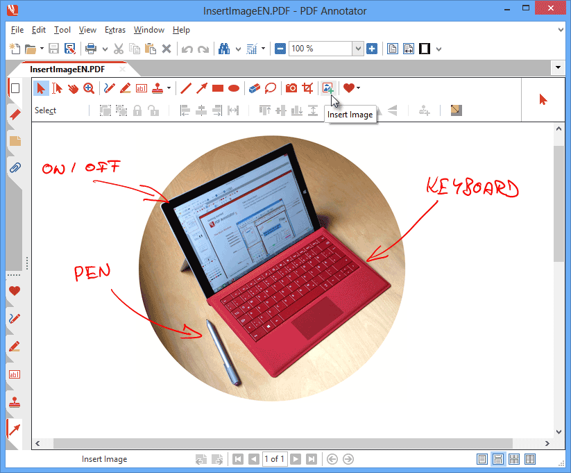 Insérer des images: Placez des photos ou d'autres images dans un PDF, puis marquez-les en utilisant les outils Crayon, Marqueur ou Texte. Vous avez besoin de signaler quelque chose sur une photo ? Il vous suffit d'ouvrir un nouveau document PDF vide, placer la photo au centre et utiliser l'outil Crayon, des flèches ou l'outil Cercle pour le mettre en relief. PDF Annotator supporte plus de 40 formats d'image, y compris les plus courants tels que JPG, PNG, GIF ou BMP.