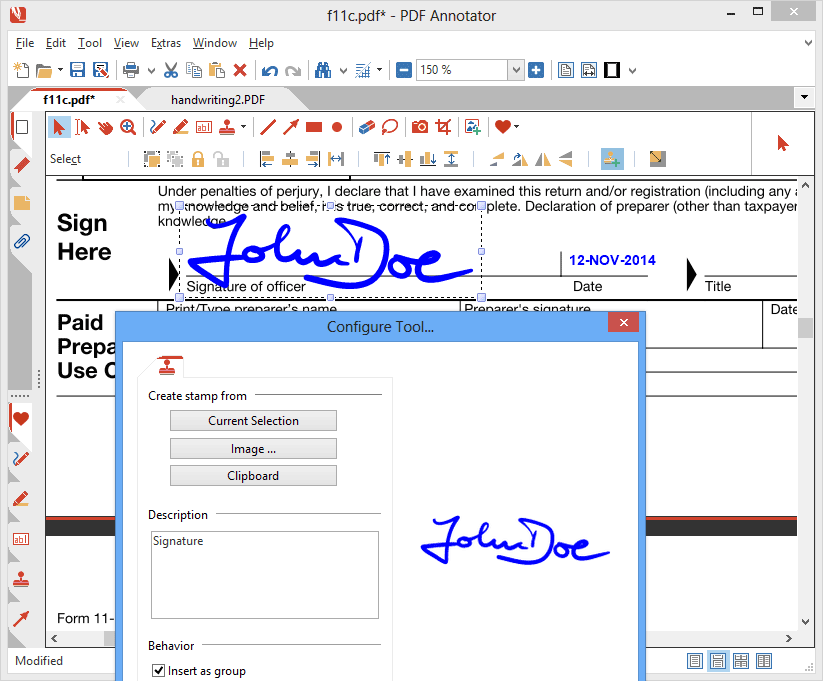 Tampons de signature: Signez & renvoyez des documents en deux clics à peine ! Enregistrez votre signature sous la forme d'un tampon, de manière à pouvoir le positionner dans des PDF en un seul clic. Enregistrez le PDF et renvoyez-le - plus besoin d'imprimer, signer et scanner ou faxer les documents ! Vous n'êtes pas à votre bureau et vous n'avez pas accès à une imprimante ou à un fax ? Il vous suffit d'utiliser PDF Annotator pour signer et renvoyer des documents.