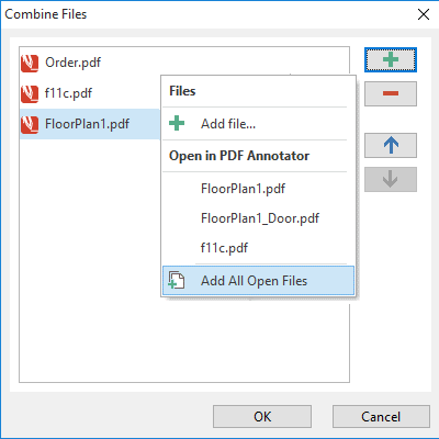 Combiner plusieurs PDF dans un seul PDF: Créez une liste de fichiers en sélectionnant plusieurs fichiers PDF ou en choisissant parmi les documents actuellement ouverts dans PDF Annotator. Commander des documents avant de combiner. Combinez les documents PDF sélectionnés en un seul.