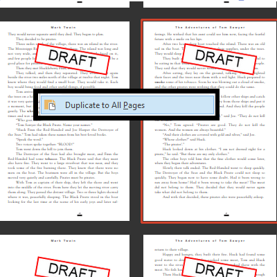 Dupliquer les tampons / Tamponner toutes les pages: Dupliquer tout balisage (tampons, texte, commentaires manuscrits) sur toutes les pages. Tamponnez toutes les pages d'un document PDF. Transférer un seul balisage à toutes les pages.